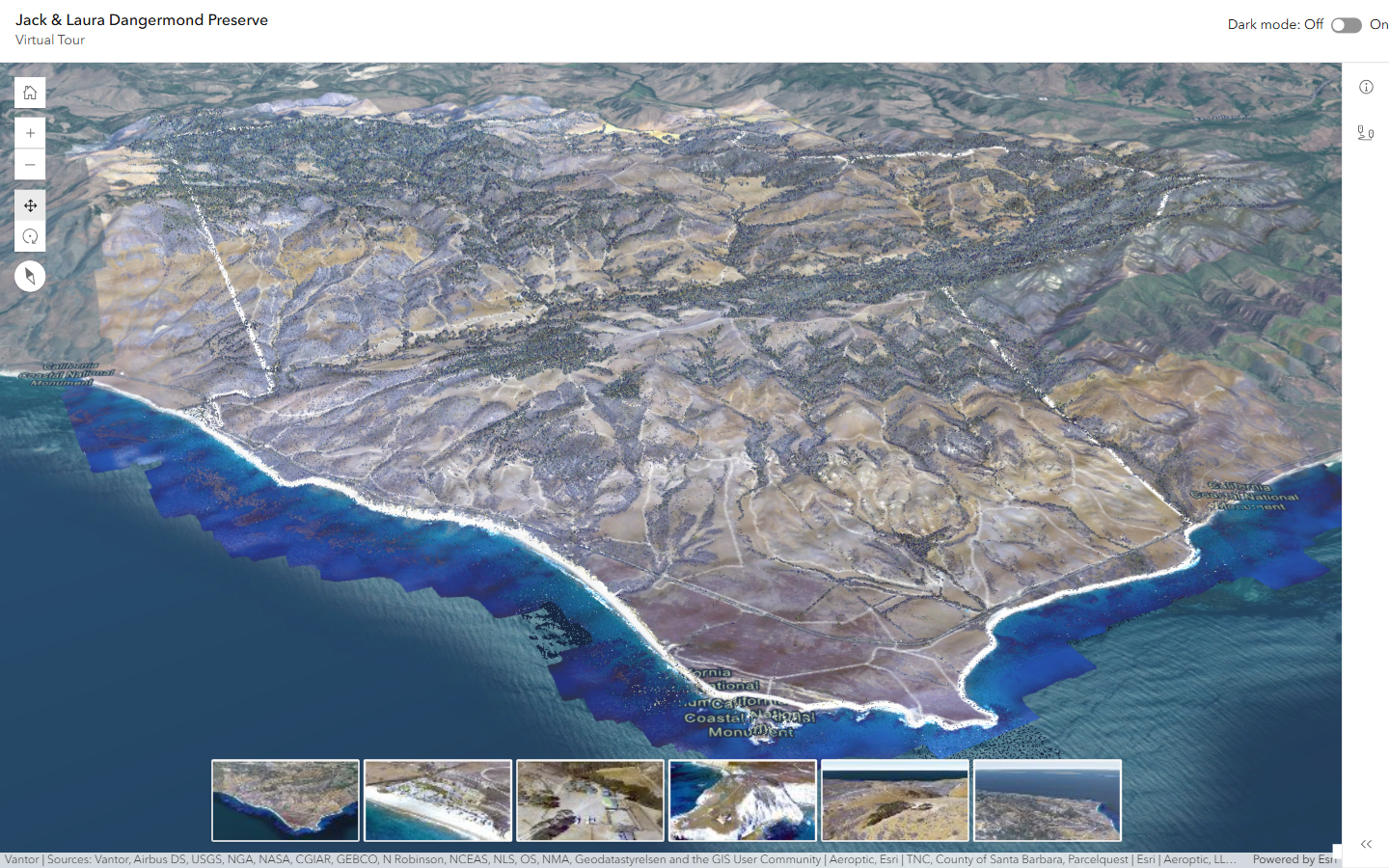 A 3D view of the Jack and Laura Dangermond Preserve coastline and terrain with tour thumbnails along the bottom.