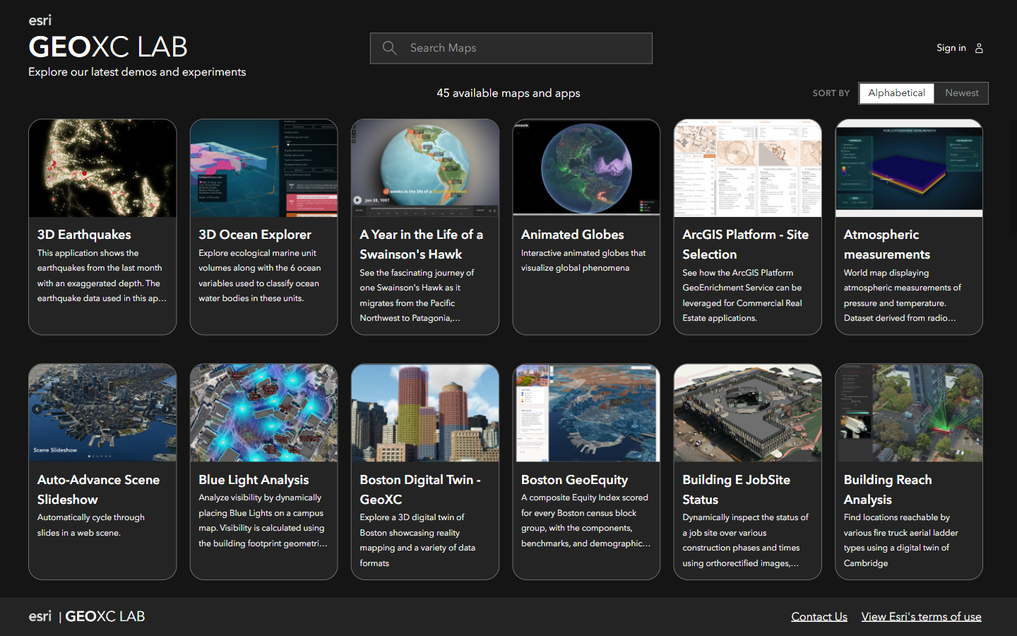 The GeoXC Lab gallery showing a grid of demo cards with search and sort controls.